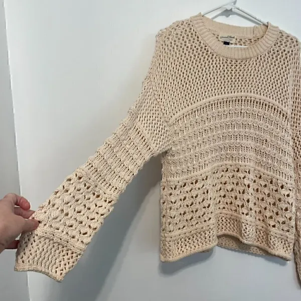 UNIVERSAL THREAD Cream Beige Mixed Knit Crochet Open Weave Crew Neck Sweater S - Image 7
