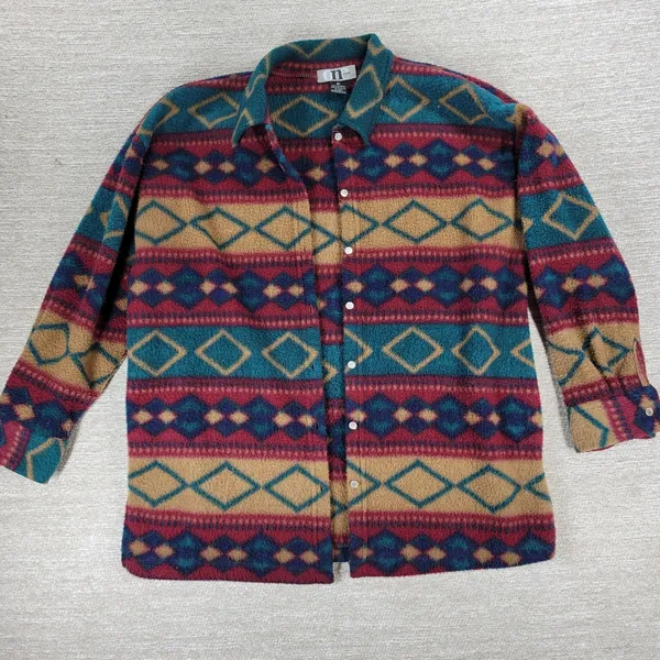 Vtg Aztec Southwest Fleece Shacket Womens Size Sm Red Green Pearl Button Up - Image 9