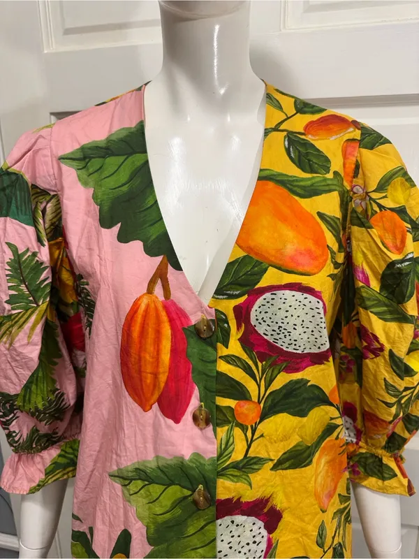 Farm Rio 100% Cotton Tropical Fruit Print V-Neck Mini Dress - Pink Yellow Sz XS - Image 13