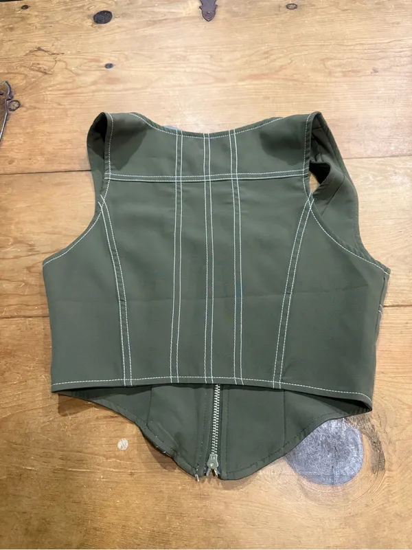 White Fox Olive Green Contrast Stitch Zip Front Corset Crop Top Size Small - Image 3