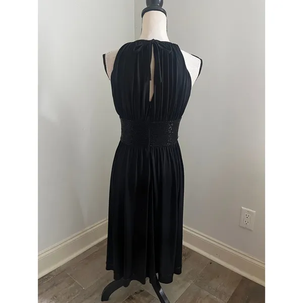 Black Beaded Waist Cocktail Dress 6 Halter Keyhole‎ LBD Elegant Glam Minimalist - Image 4