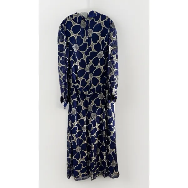 VTG CLIFTON WILHITE 18 Blue Metallic Floral Long Sleeve Gown Couture Dress - Image 15