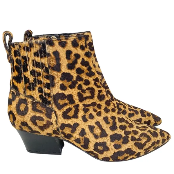 Franco Sarto Leopard Calf Hair Ankle Boots Womens 7 Tan Pointed‎ Toe Block Heel - Image 3