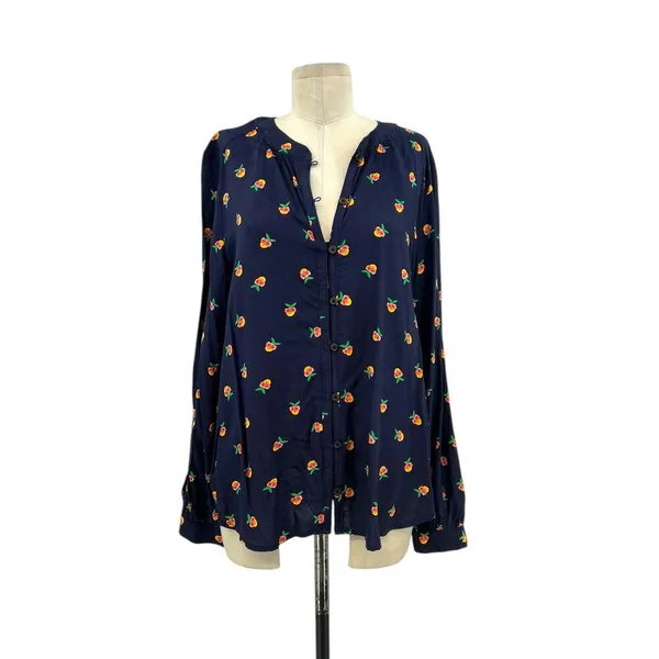 Anthropologie Kendra Dandy Dreamer Buttondown Top Blouse Pineapple Navy Blue‎ 12 - Image 3