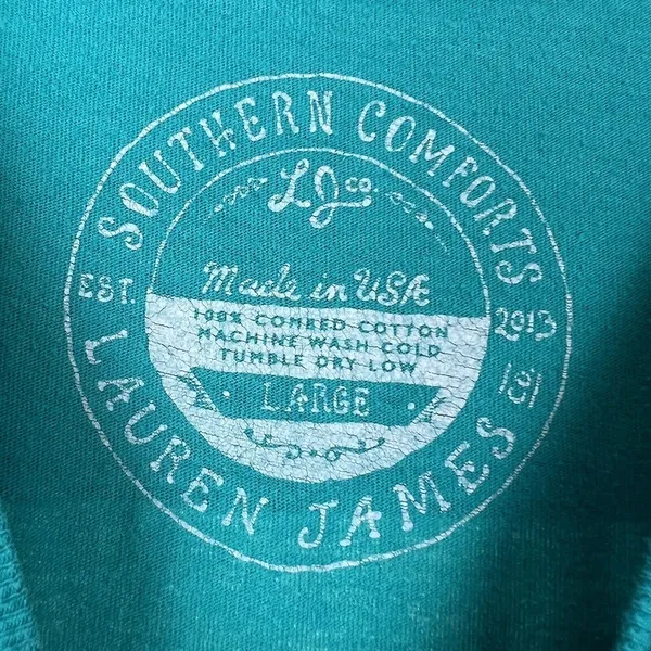 Laura James Large Long Sleeve Turquoise Graphic Tee Southern Comforts Football - Image 5