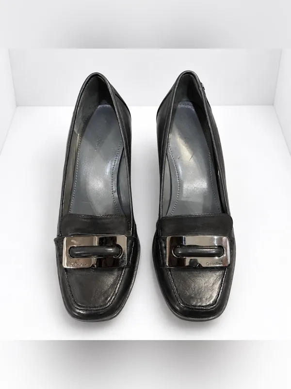 Vintage 90s Calvin Klein Black Leather Square Toe Loafer Pumps Y2K Block Heels - Image 3