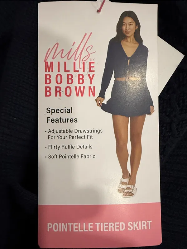 Millie Bobby Brown Navy Knit Tie-Front Ruffle Mini Skirt Soft Perfect Fit XXS - Image 9