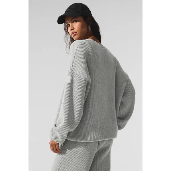 Alo Yoga Domain Rib Knit Crew Sweater Athletic Heather Grey M - Image 3