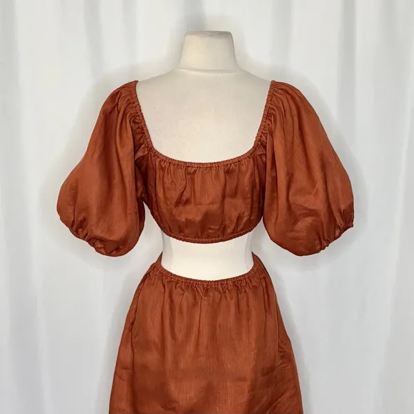 Revolve FAITHFULL THE BRAND Almero Linen Dress Brown Plain Spice Party X-Small - Image 10