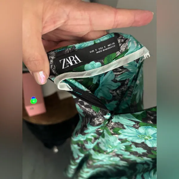 ZARA Vibrant Blue & Green Floral Midi‎ Skirt Satin Size S Made in Morocco EUC - Image 4