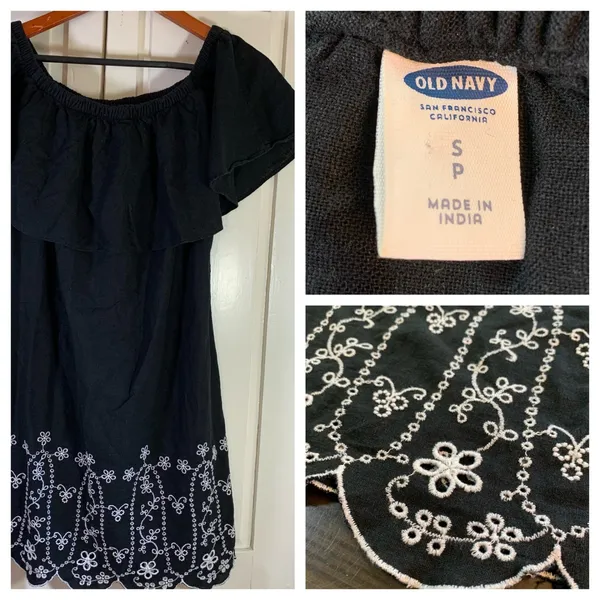 Old Navy Off Shoulder Black Dress S Embroidered Floral‎ Scallop Hem Linen Blend - Image 12