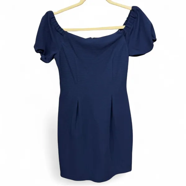 LEYDEN Navy Blue Ribbed Puff Sleeve Mini Dress Size XS - Image 2