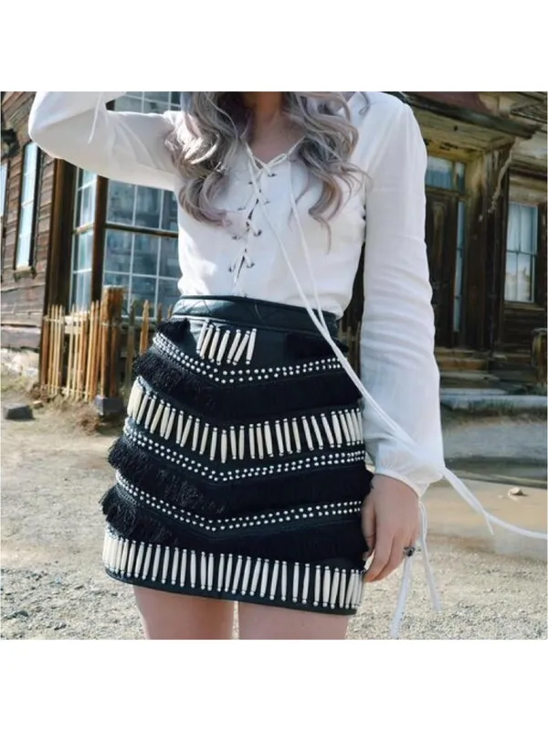 Nasty Gal Easy Rider Black Leather Embellished Fringe Mini Skirt XS - Image 3