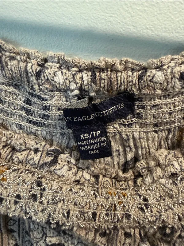 American Eagle Outfitters Off-Shoulder Printed Crop Top in Black and Beige XS - Image 2