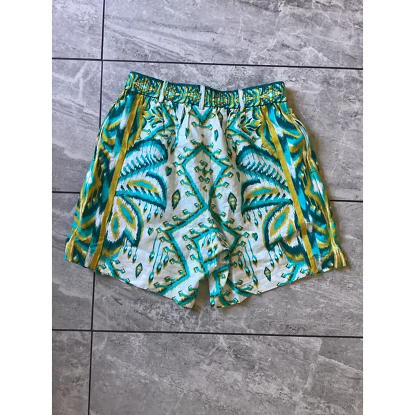 Farm Rio Tropical Tapestry Sand Shorts Teal Yellow Ikat Print Linen Blend S NEW - Image 7