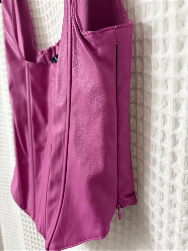 7 For All Mankind Faux Leather Pink Smocked Corset Bustier Top Medium - Image 5