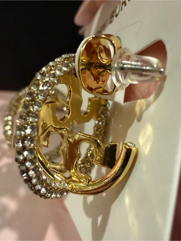 Tory Burch | Gold Plated Logo & Crystal Drop Earrings| Sm/Med - Image 3