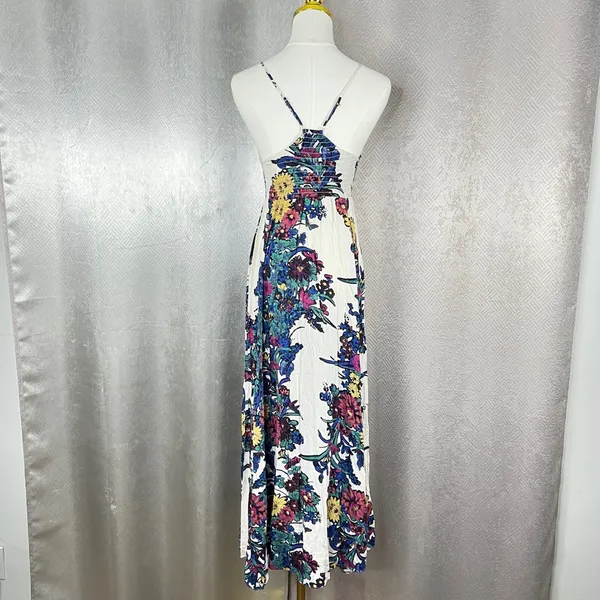 Intimately Free People Floral Butterfly Maxi Dress XS White Blue Smocked Slit - Image 5