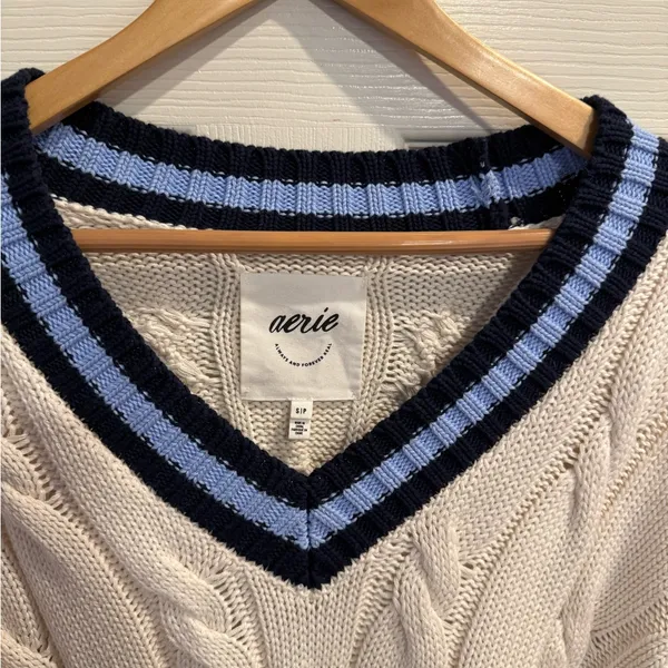 aerie Cream Cable-Knit V-Neck Sweater with Blue and Black Trim - Image 2