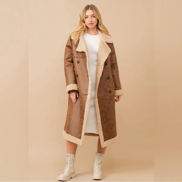 Faux leather teddy shearling long coat in chestnut - Image 5