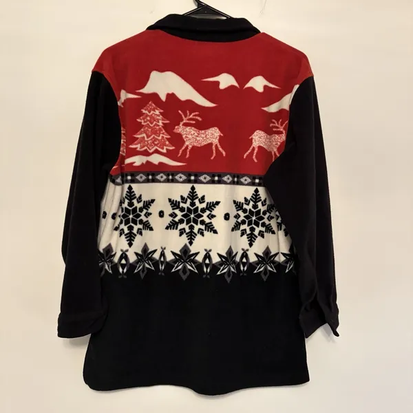 Vintage Fleece Button Up Jacket Collar Small Black Red Winter Reindeer Snowflake - Image 5
