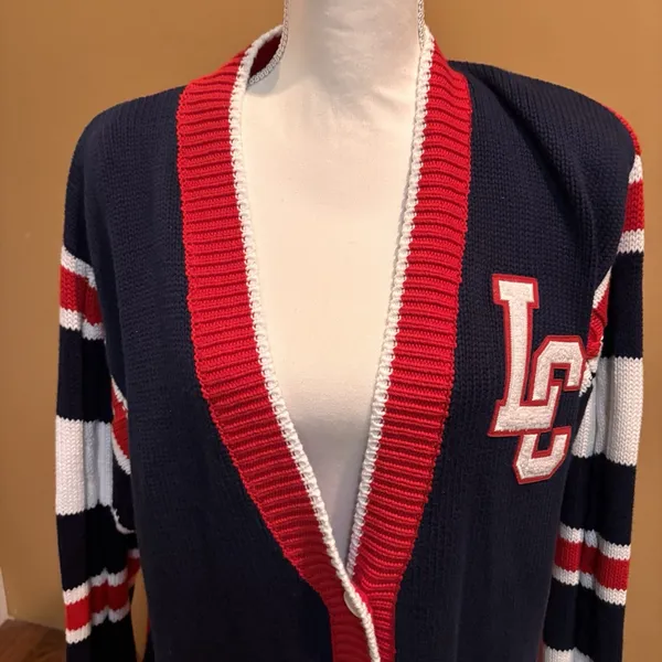 Vintage 90s‎ Lizsport Varsity Cardigan Sweater LC Red Navy Striped NWT Medium - Image 5
