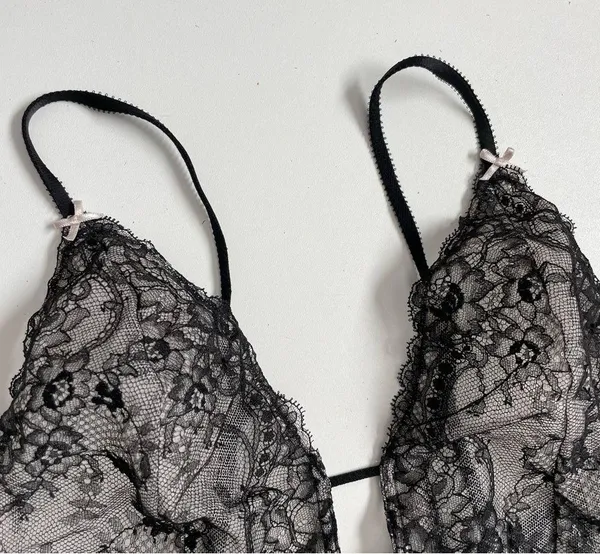 Victorias Secret Body Suit Nighty Thong Lace Plunge Neck Corset Lace Up Black - Image 3