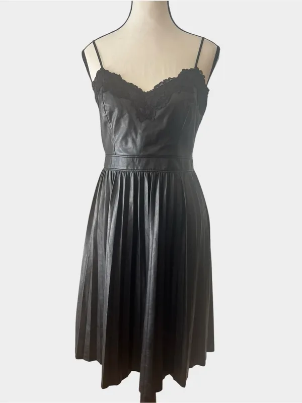 Express Black Faux Leather Pleated Midi Dress Lace Trim Small Goth - Image 5
