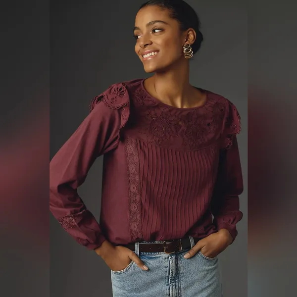 Anthropologie Tiny Long-Sleeve Crescent Ruffled Lace Top Size M - Image 3
