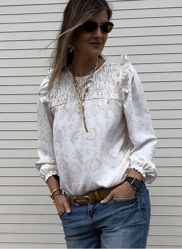 LOFT Ivory Paisley Ruffle Shoulder Top Sz XS NWT - Image 4