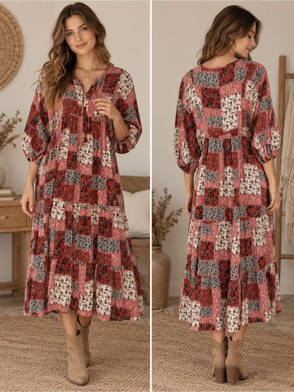 bo’hem Bohemian Patchwork Floral Tiered Midi Dress Size Small - Image 2