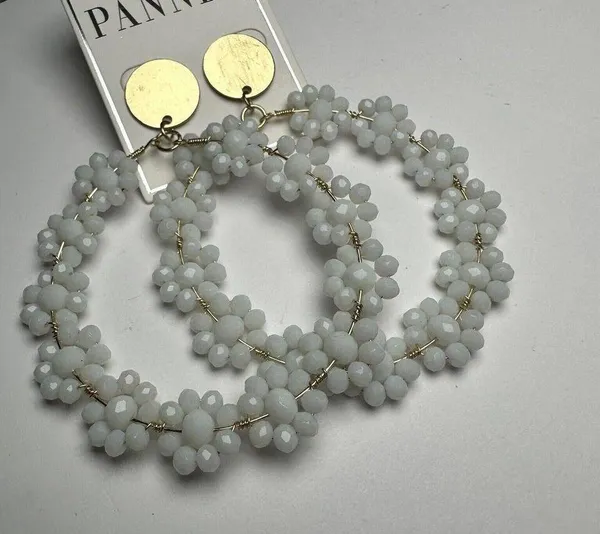Large Statement Gold Tone White Bead Flower Circle Dangle Drop Pierced Earrings - Image 6