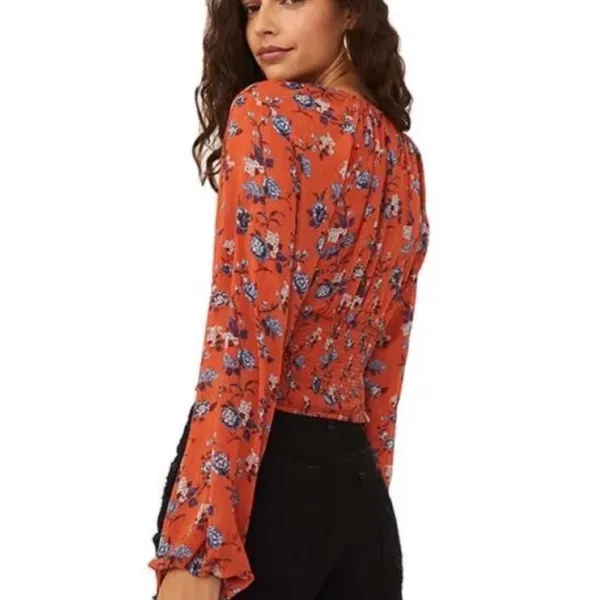 Free People New Final Rose Blouse Top Ruched Rust Orange Blue Floral Size XS - Image 4
