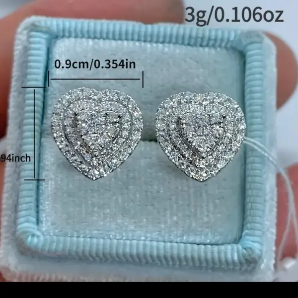 14K White Gold Plated Heart Cluster Stud Earrings NWT | Simulated Diamond - Image 2