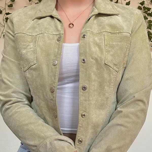 Live A Little Y2K 100% Leather Sage Green Leather Button Jacket - Image 2