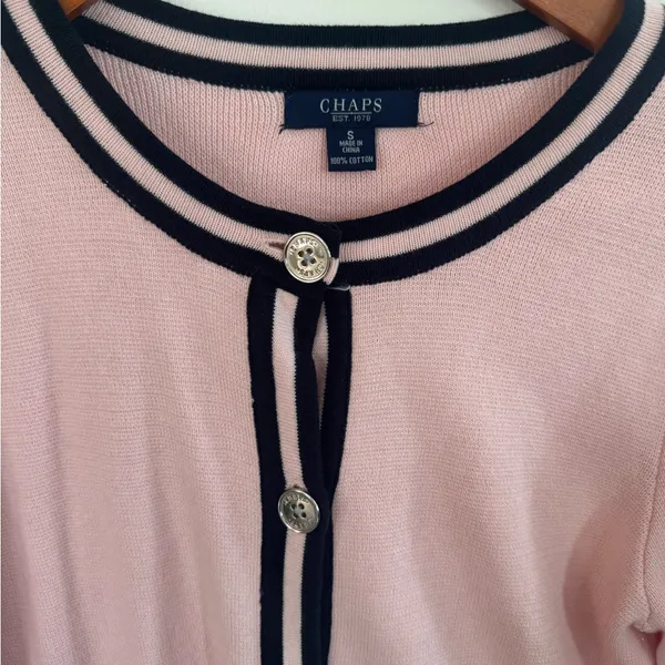 Chaps Pink Cardigan with Navy Contrast Trim - Image 3