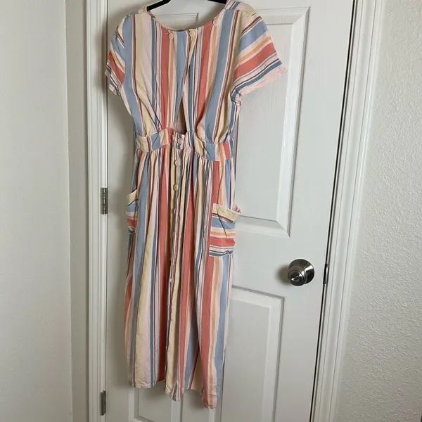 a.n.a Striped Linen Blend Midi Dress Open Back Pockets Women’s Size M - Image 11