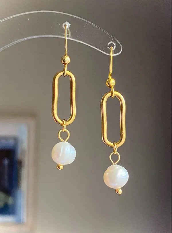 Handmade gold tone stainless steel natural shell pearls chic fairy boho vintage style dangle earrings💖 - Image 2