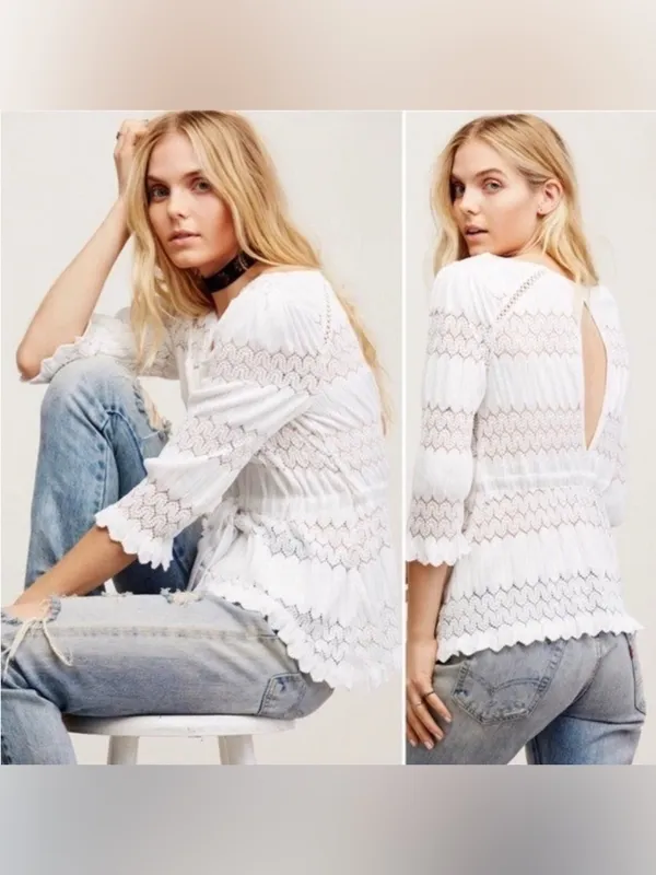 Free People Fire Island White Open Knit Top Size S - Image 2