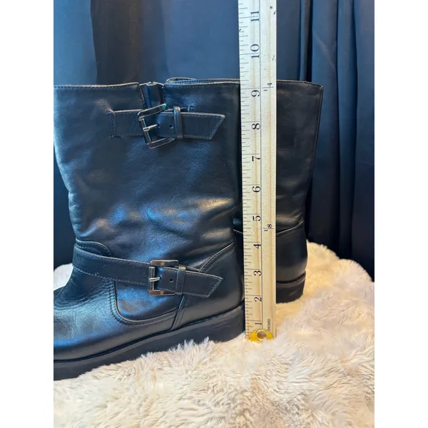 Black Leather Moto Buckle Boots Mid Calf Side Zip Platform Lug Sole TA 21J61 Size 6.5 - Image 3