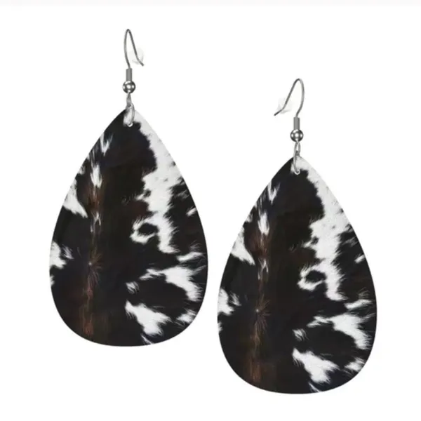 Cow Print Faux Leather Teardrop Earrings Black White NWT - Image 2