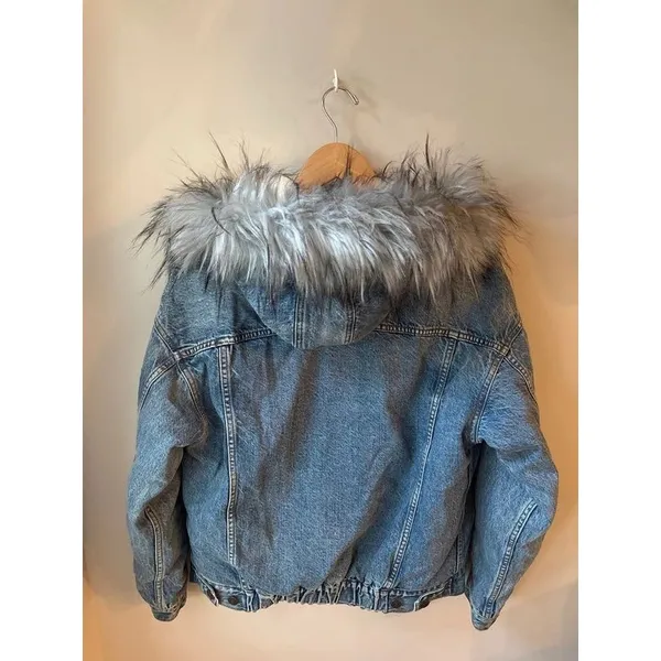 American Eagle Sherpa Lined Denim Jacket Faux Fur Hood XS - Image 3