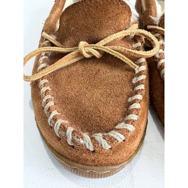 Minnetonka‎ Brown Suede Shearling Lined Moccasins Leather Laces Women's 6 - Image 12