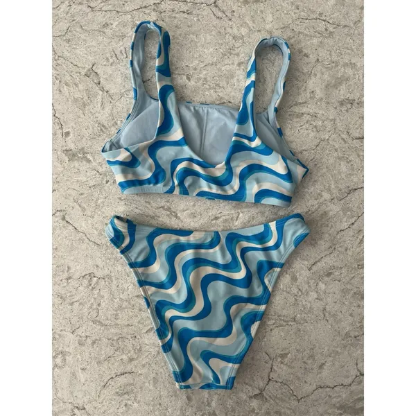 Wild Fable Blue Wavy Psychedelic Print‎ Bikini Set Square Neck High Leg Size XXS - Image 2
