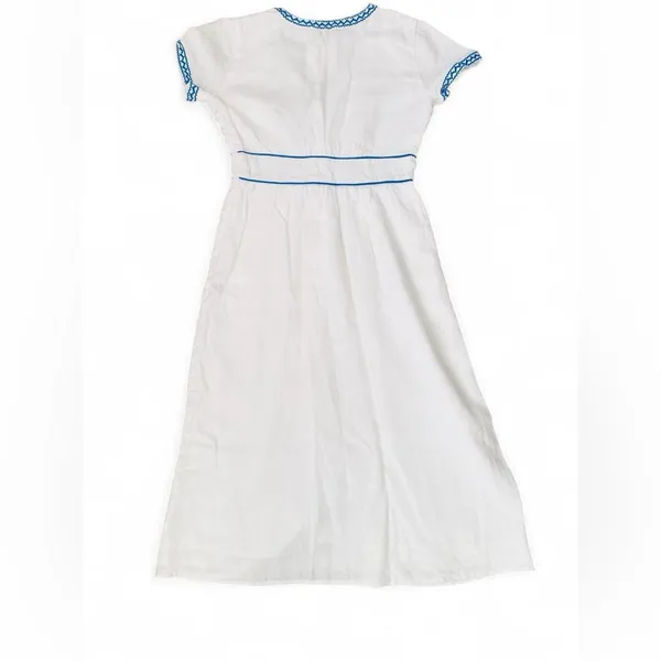 J.Crew White 100% Linen Embroidered Midi Dress Blue Ric Rac Button Front Size 2 - Image 3