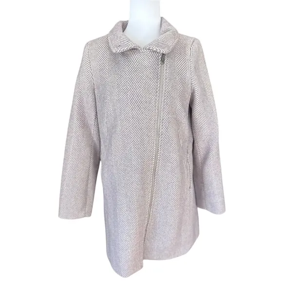 LOFT Lilac Wool Blend‎ Pea Coat Jacket Herringbone Asymmetric Zip Pockets Small - Image 2