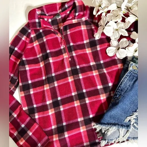 Eddie Bauer Pink/Orange Plaid Quarter Zip Fleece Pullover Sweatshirt - Image 5