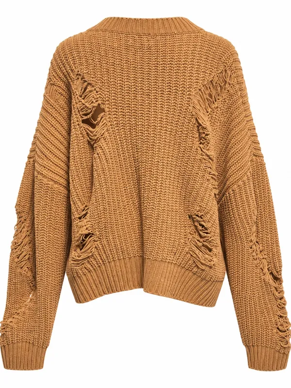 POL Camel Distressed Oversized Chunky Knit Sweater Boho Cropped Pullover Medium - Image 3