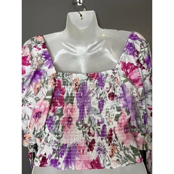 Express Blouse Womens Medium Pink Purple Floral Smocked Puff Sleeve Cropped Top - Image 6