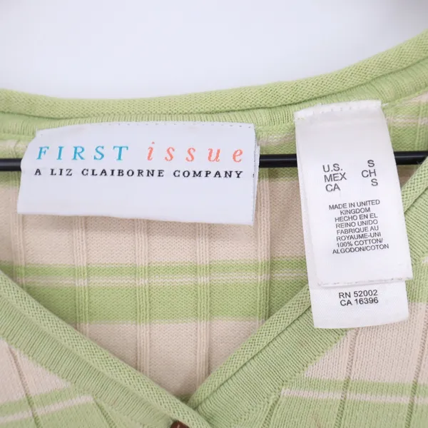 First Issue Sweater Womens Small Henley V-Neck Green Striped Ribbed Good - Image 2